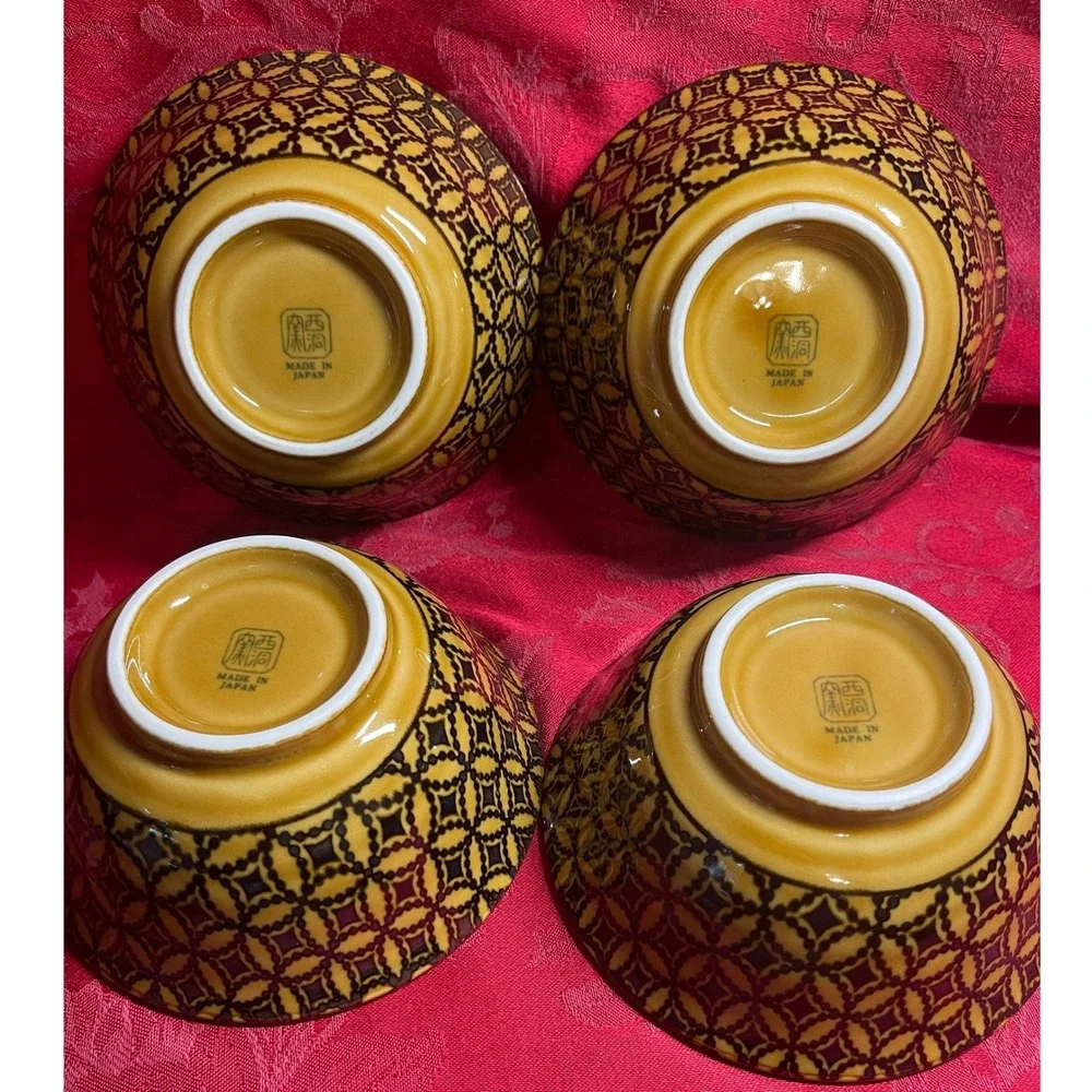 Vintage Topaz Shippo Black Yellow Rice Bowls Set of 4 Made in Japan Porcelain 6